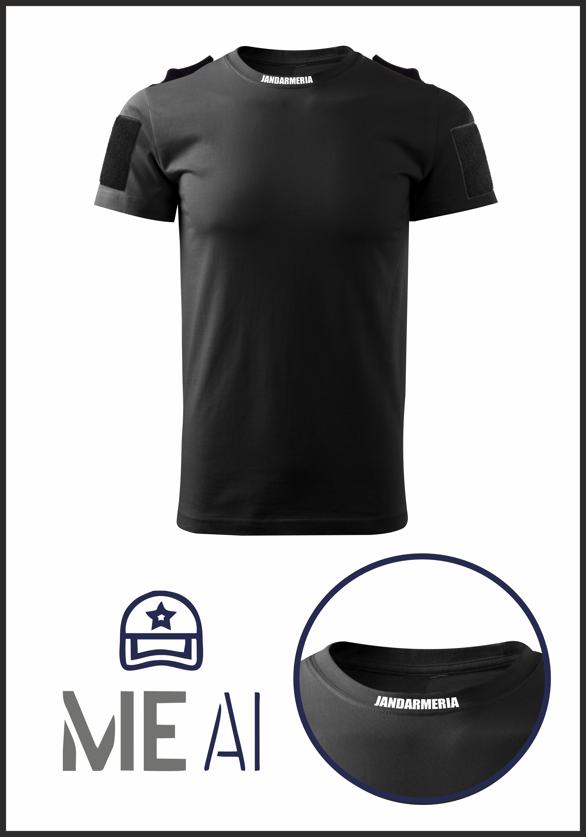 Tricou Glat Negru Patch Mâneci - Jandarmeria Română